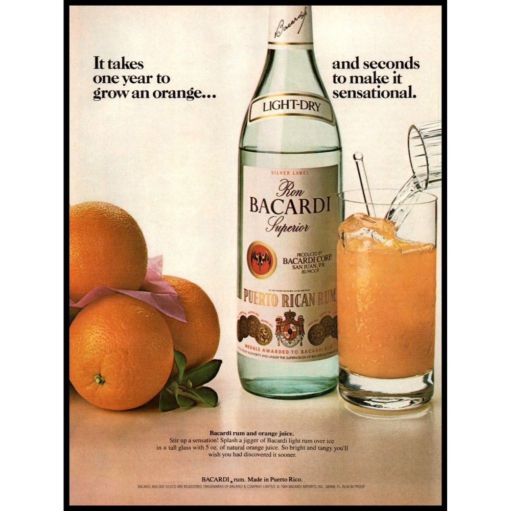 1984 Bacardi Rum and Orange Juice Vintage Print Ad Peurto Rico San Juan Wall Art
